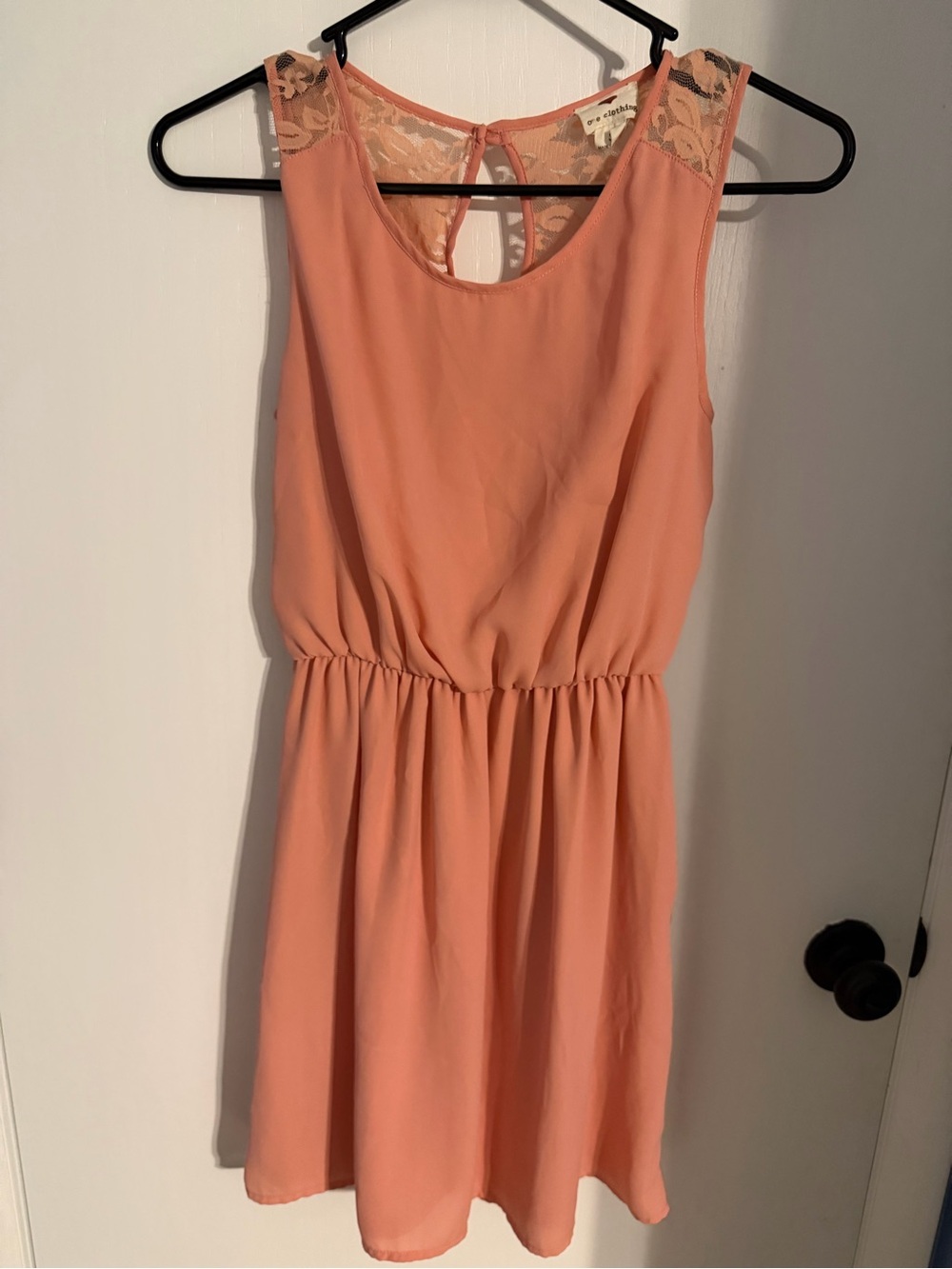 one clothing Peach Lace-Shoulder Mini Dress